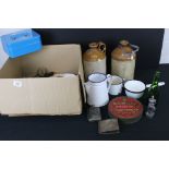 A box of mixed collectables to include stoneware bottles, enamel plates and cups, bottles and