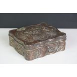 Japanese Cast Metal Jewellery Box, the hinged lid with embossed decoration of a Dragon with text