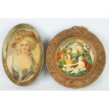 Oval framed portrait of a lady in costume & circular carved gilt framed religious print of Madonna