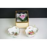 Two Herend Porcelain Leaf Shaped Trinket Bowls together with a Boxed Herend Porcelain Rose