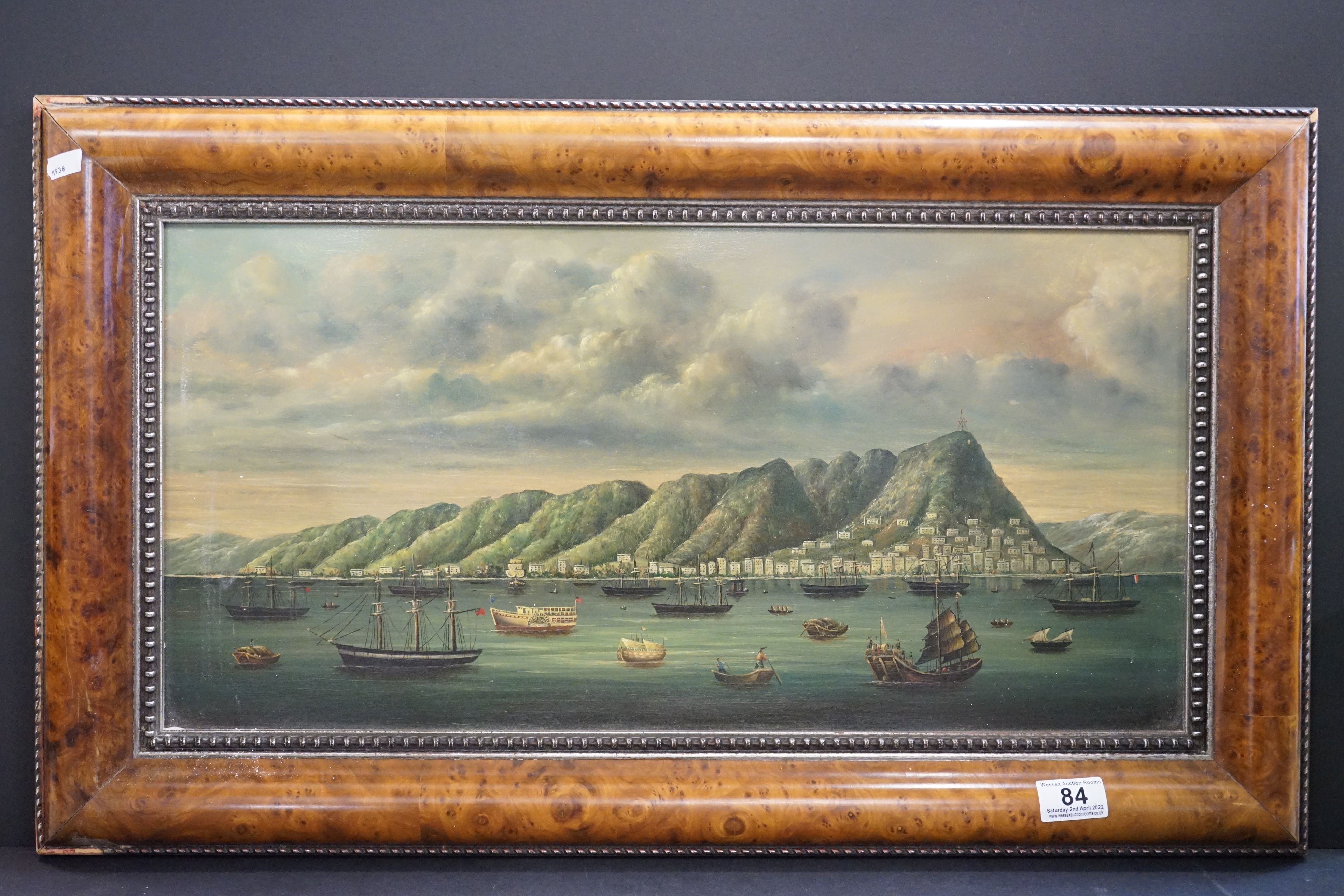 Chinese Oil Painting on Panel depicting a View of Hong Kong Harbour, information to verso stating