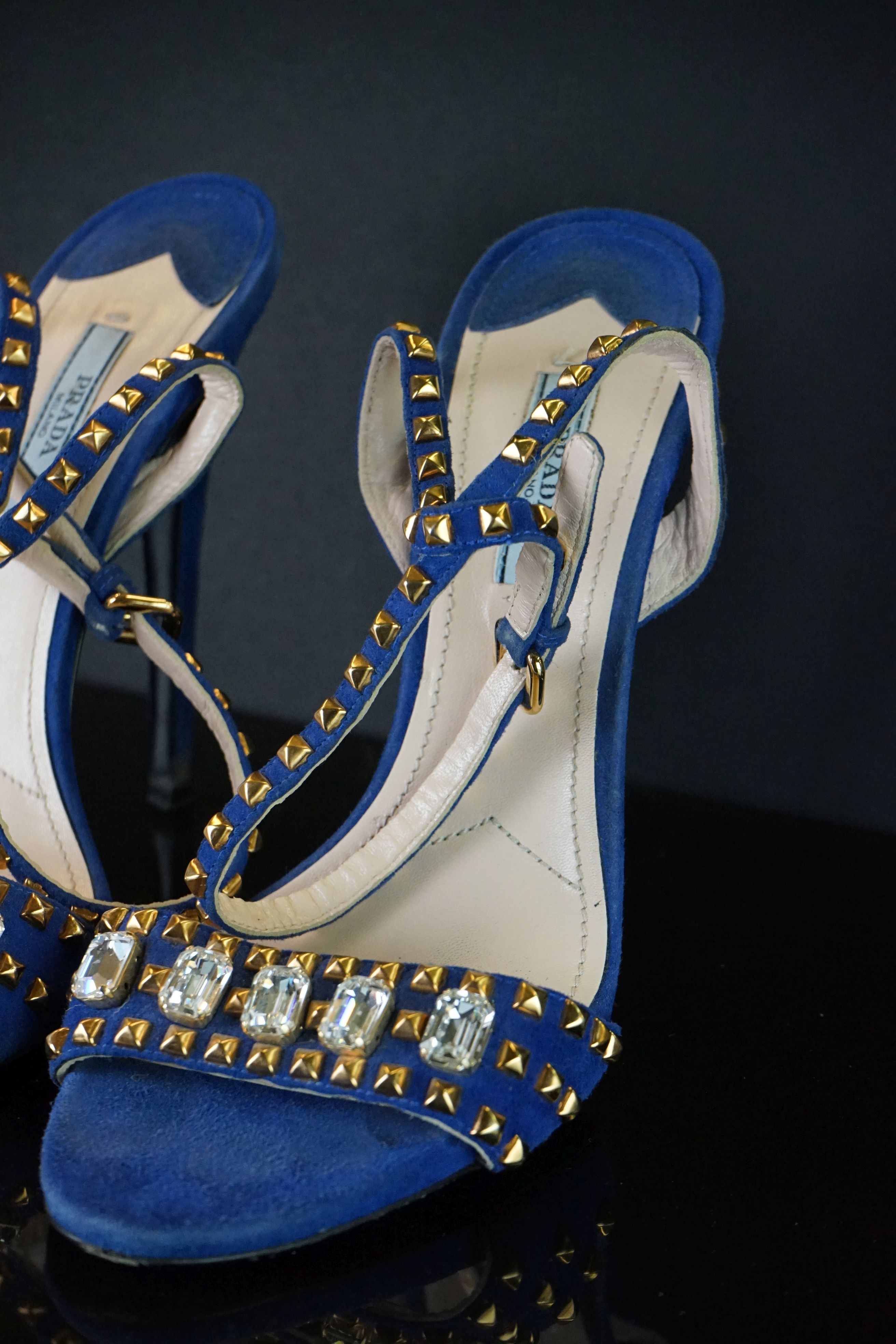 A pair of blue Prada hight heel shoes with gold studs and clear jewels, size 41. - Image 6 of 7