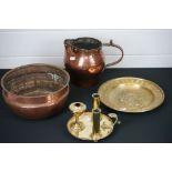 Arts and Crafts Brass and Copper including Heavy Hammered Jug, Large Bowl, Alms Plate with Tudor