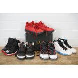 Five pairs of Air Jordan trainers sized UK 8-8 1/2 to include Jordan 9's, 11's, a boxed New School