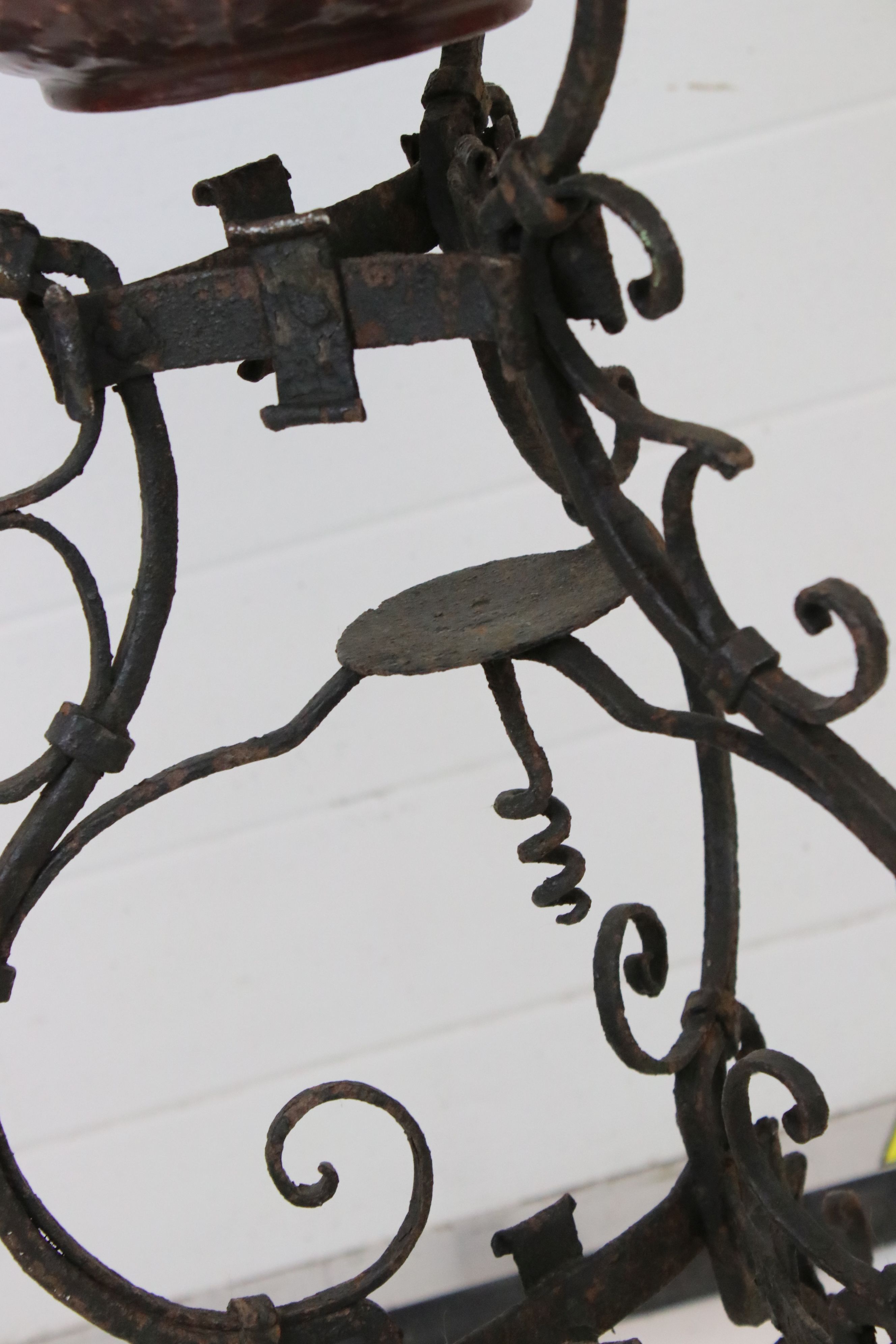 Early 19th century Ornate Wrought Iron Tripod Stand with a later Art Nouveau Copper Jardiniere - Image 3 of 6