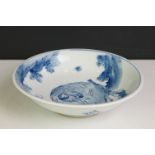 Chinese Blue and White Dish decorated with figures washing an Elephant, 14.5cm diameter
