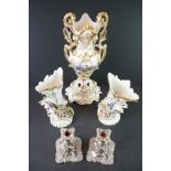 Pair of Continental Porcelain Flower Encrusted Cornucopia Shaped Vases 27cm high together with