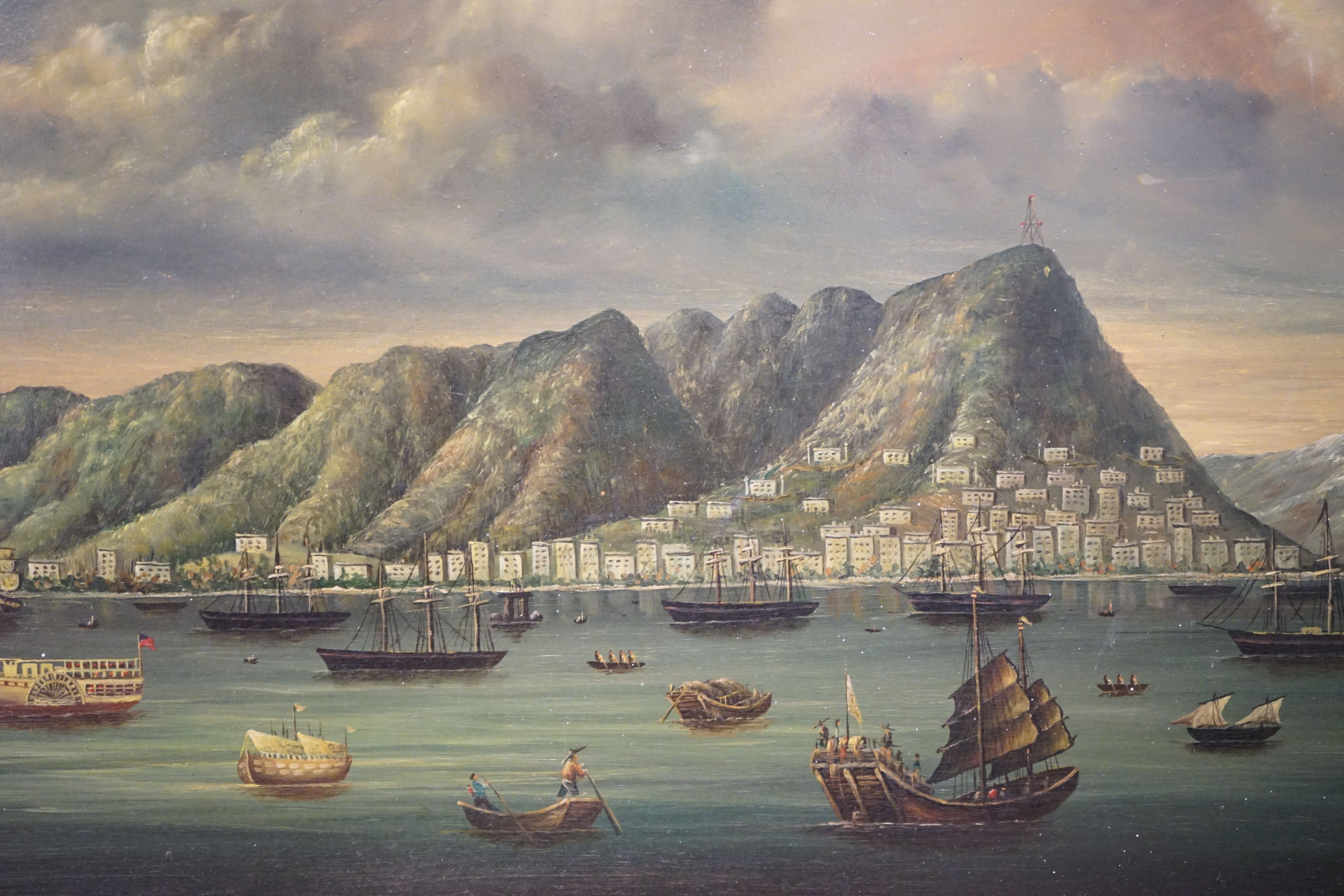 Chinese Oil Painting on Panel depicting a View of Hong Kong Harbour, information to verso stating - Image 3 of 5