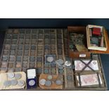 A collection of mainly British pre decimal coins and banknotes to include silver crowns and Georgian