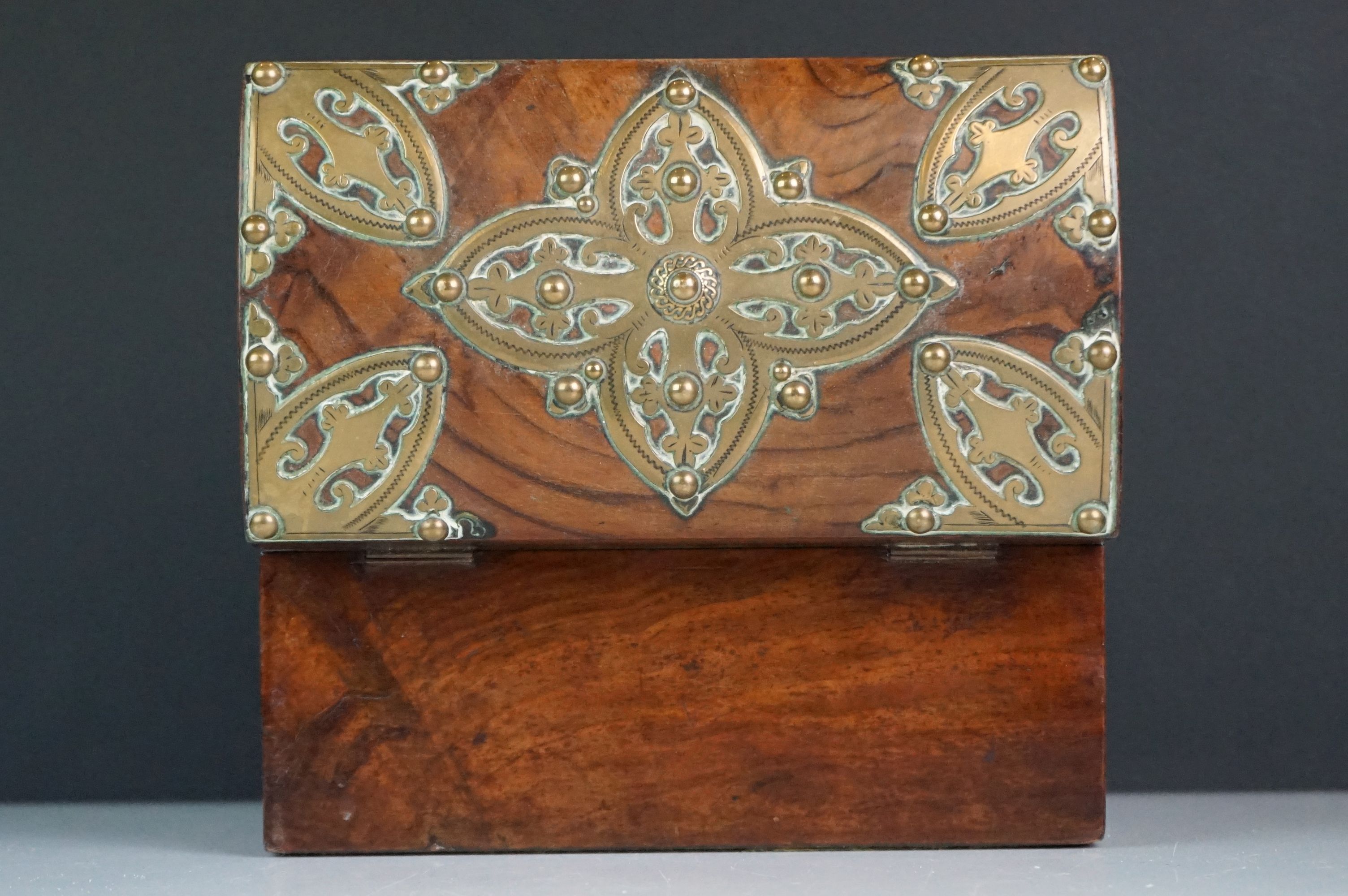 A wooden tea caddy in the form of a chest with brass pierced decoration. - Image 4 of 8