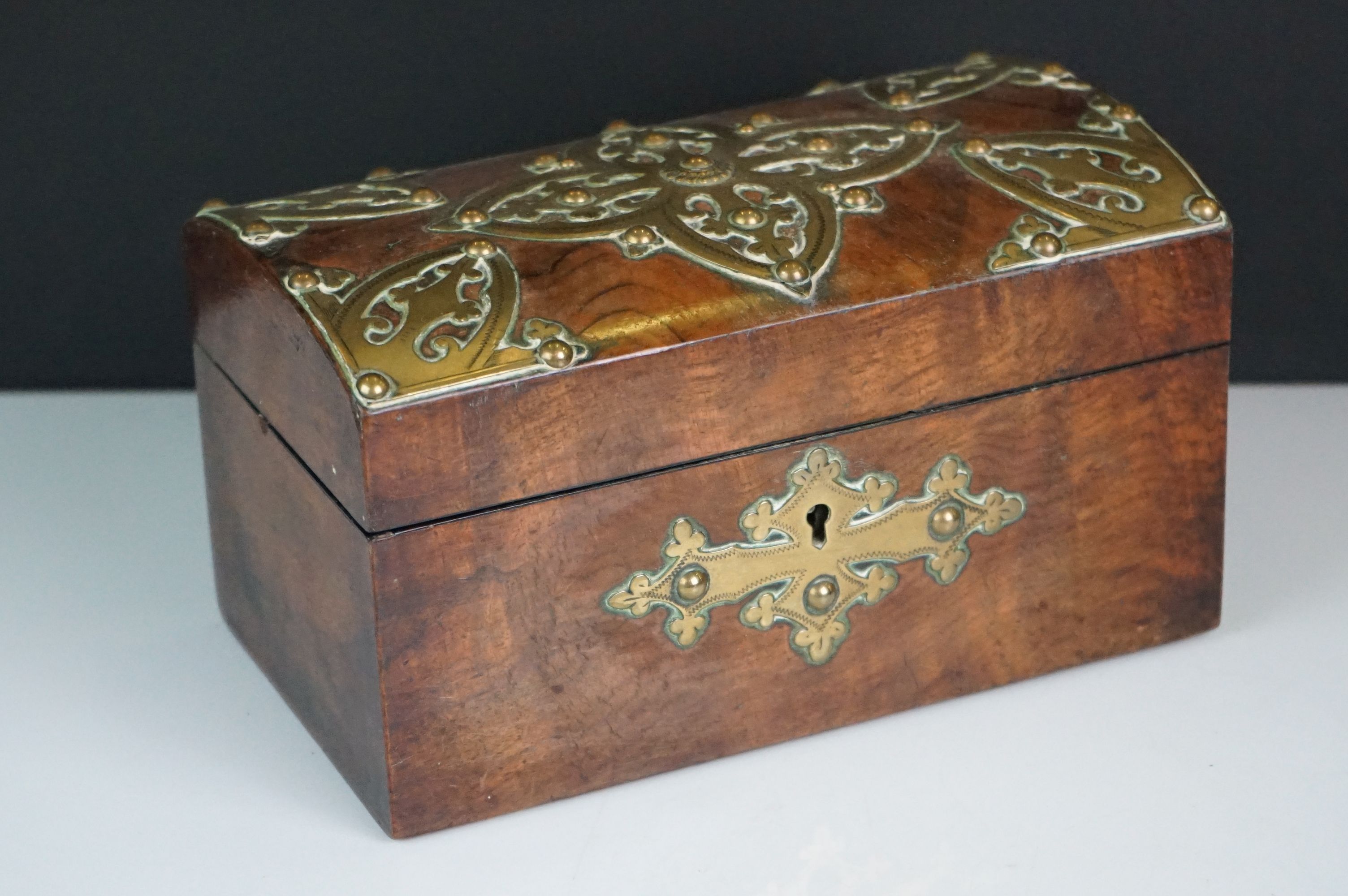 A wooden tea caddy in the form of a chest with brass pierced decoration. - Image 2 of 8