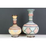 Two Doulton Lambeth Bottle Neck Stoneware Vases, the incised Islamic style decoration by Eliza