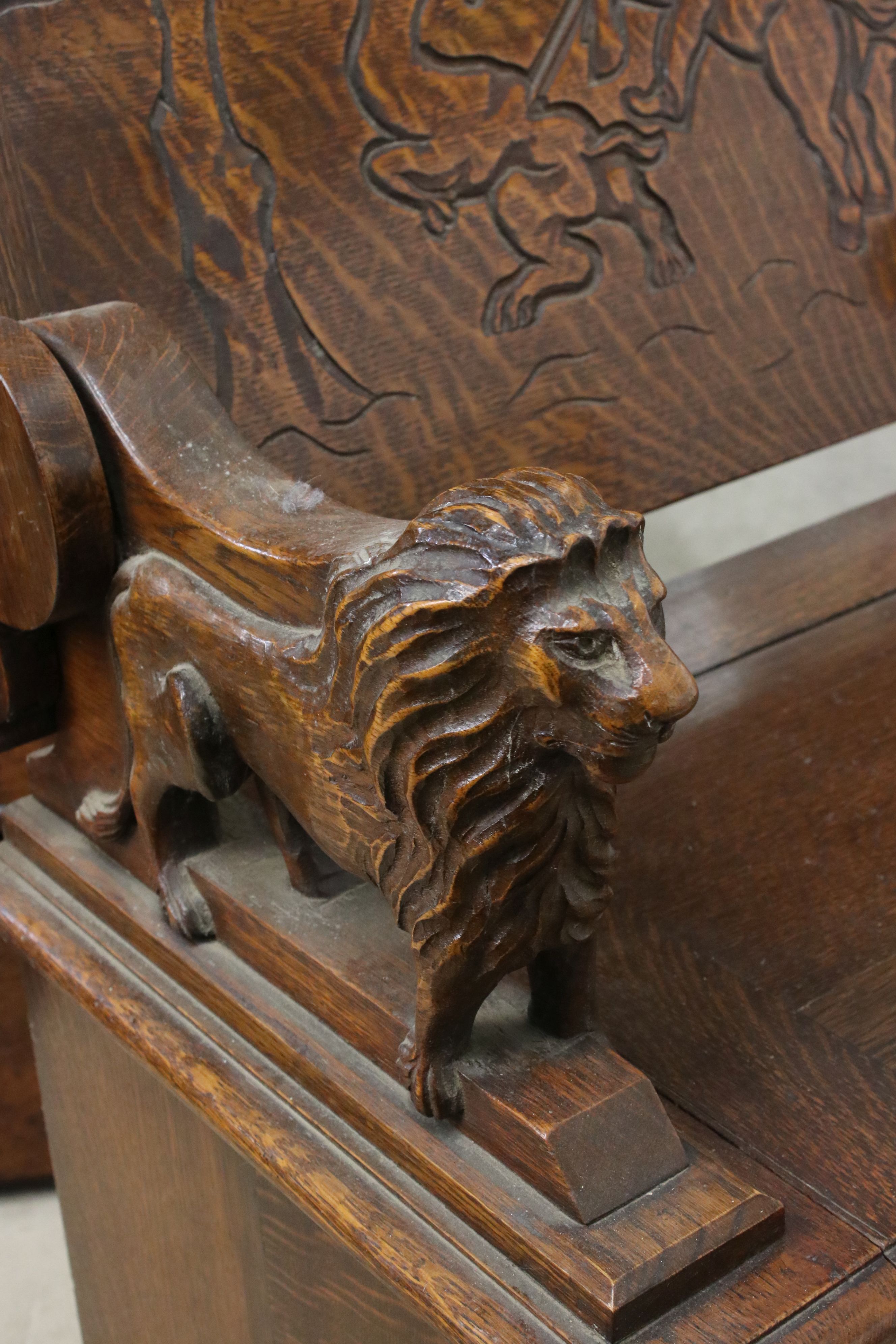 Early 20th century Oak Monk's Bench, the hinged top opening to show a carved scene of George and the - Image 2 of 7