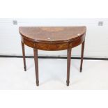 19th century Mahogany Demi-lune Fold Over Tea Table, the marquetry top with fan and harebell inlay