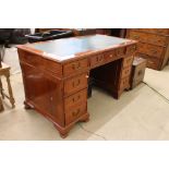 Brights of Nettlebed Hardwood Twin Pedestal Desk with green leather inset writing surface over an