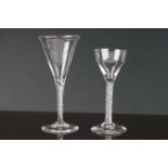 Two Antique Wine Glasses both with clear twist stems, one with ovoid shaped bowl and the other