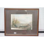 W H Leathwood, watercolour of a Victorian mountain scene with chalet, people & sheep grazing, signed