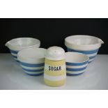 T G Green Cornishware including Yellow Sugar Shaker, Two Blue Pouring Bowls and Two further Blue