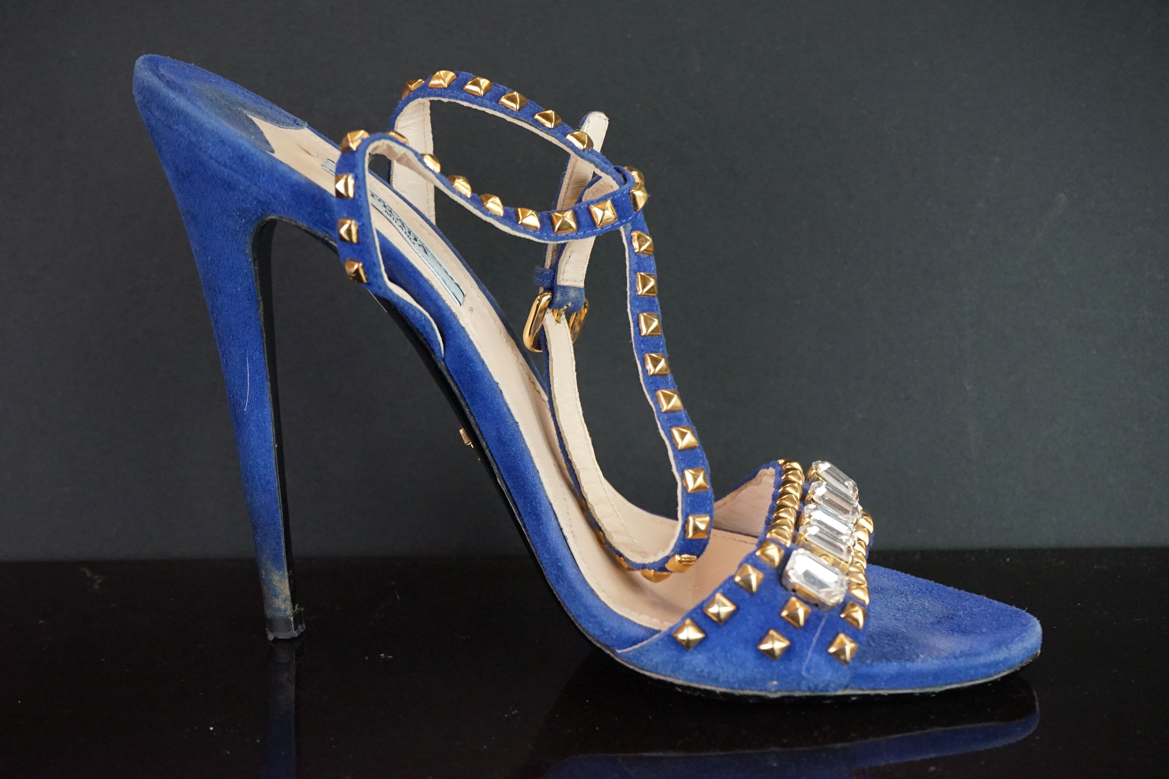 A pair of blue Prada hight heel shoes with gold studs and clear jewels, size 41. - Image 2 of 7