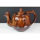 Antique Rockingham two spouted brown glazed teapot with leaf decoration