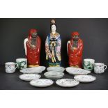 Oriental Ceramics including Two Japanese Monk Figures wearing Red Kayasa, tallest 27cm, another
