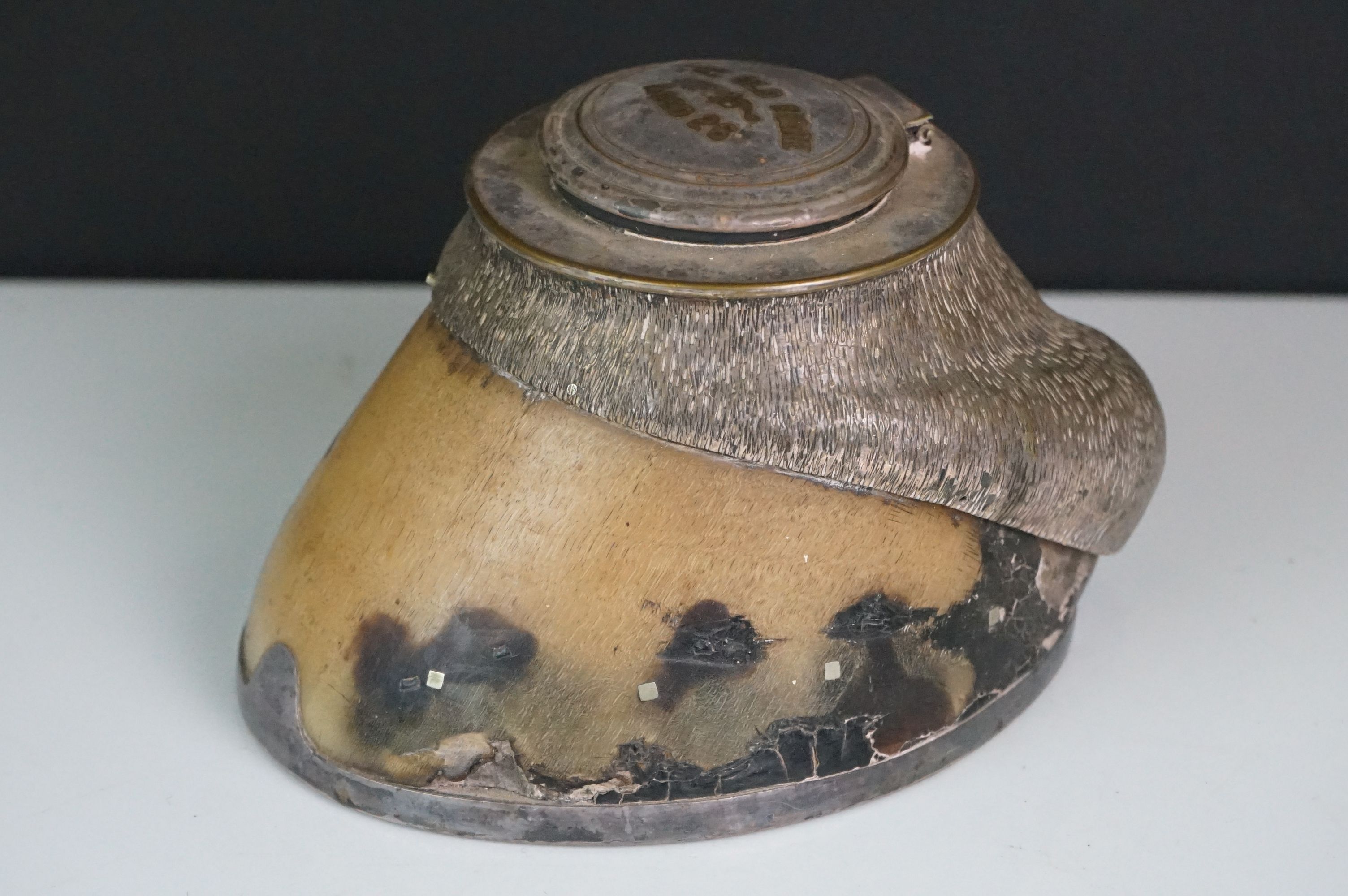 A silver plated horses hoof inkwell, engraved "The Old Mare Aged 26".