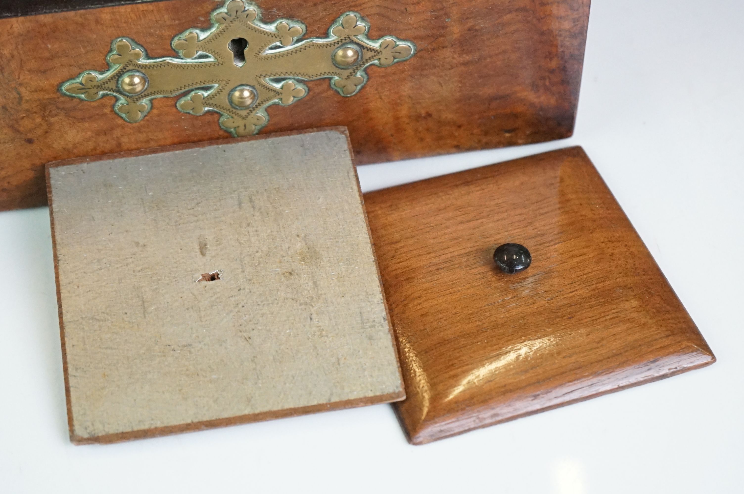 A wooden tea caddy in the form of a chest with brass pierced decoration. - Image 8 of 8