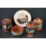 Five items F & R Pratt ware including Two Terracotta Lidded Jars, Terracotta Bowl, Terracotta Vase