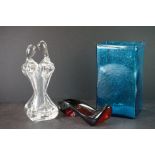 Murano Clear Glass Figure of a Naked Couple 26cm high, Blue Glass Rectangular Vase and a Christian