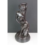 Art Deco style Bronze Figure of a Semi Naked Dancing Girl on Marble Base, 36cm high