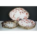 19th century Crown Derby ' Haddon ' Blue and Red Five Plates 23cm diameter and Serving Plate