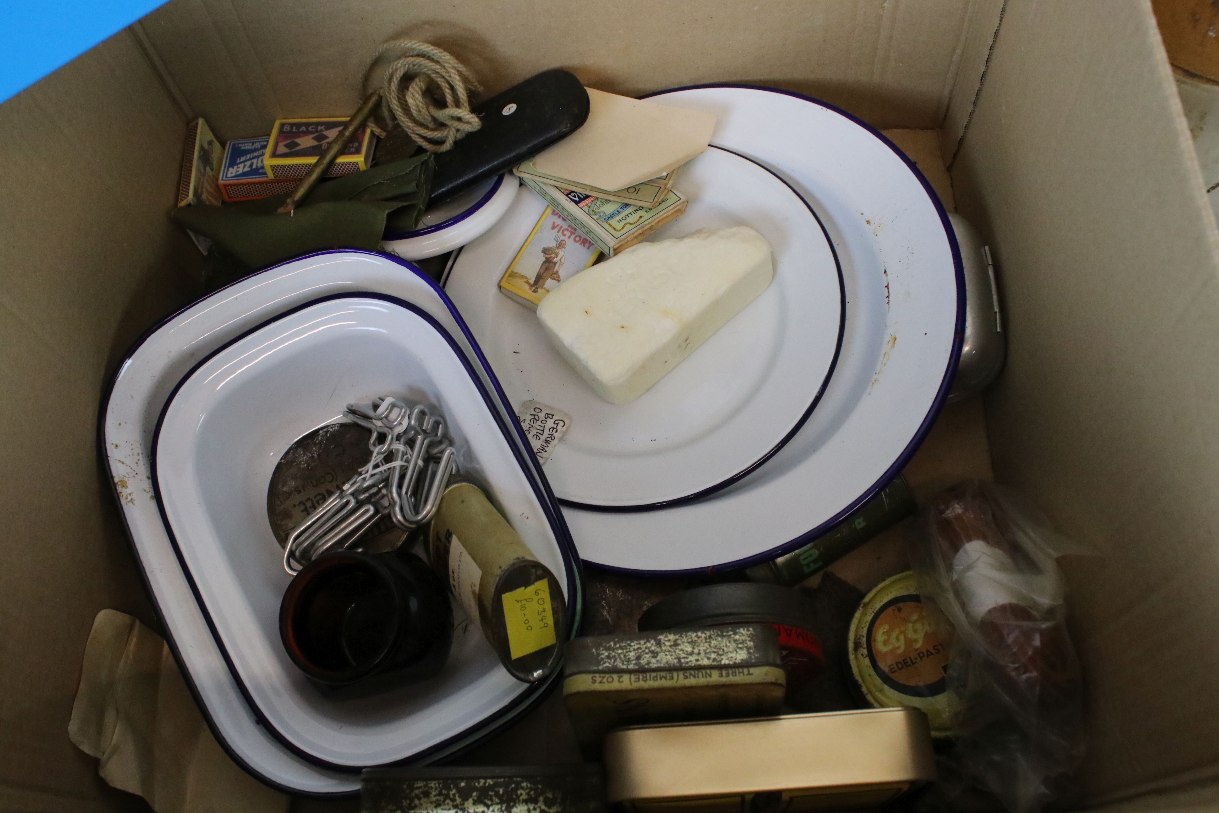 A box of mixed collectables to include stoneware bottles, enamel plates and cups, bottles and - Image 4 of 6