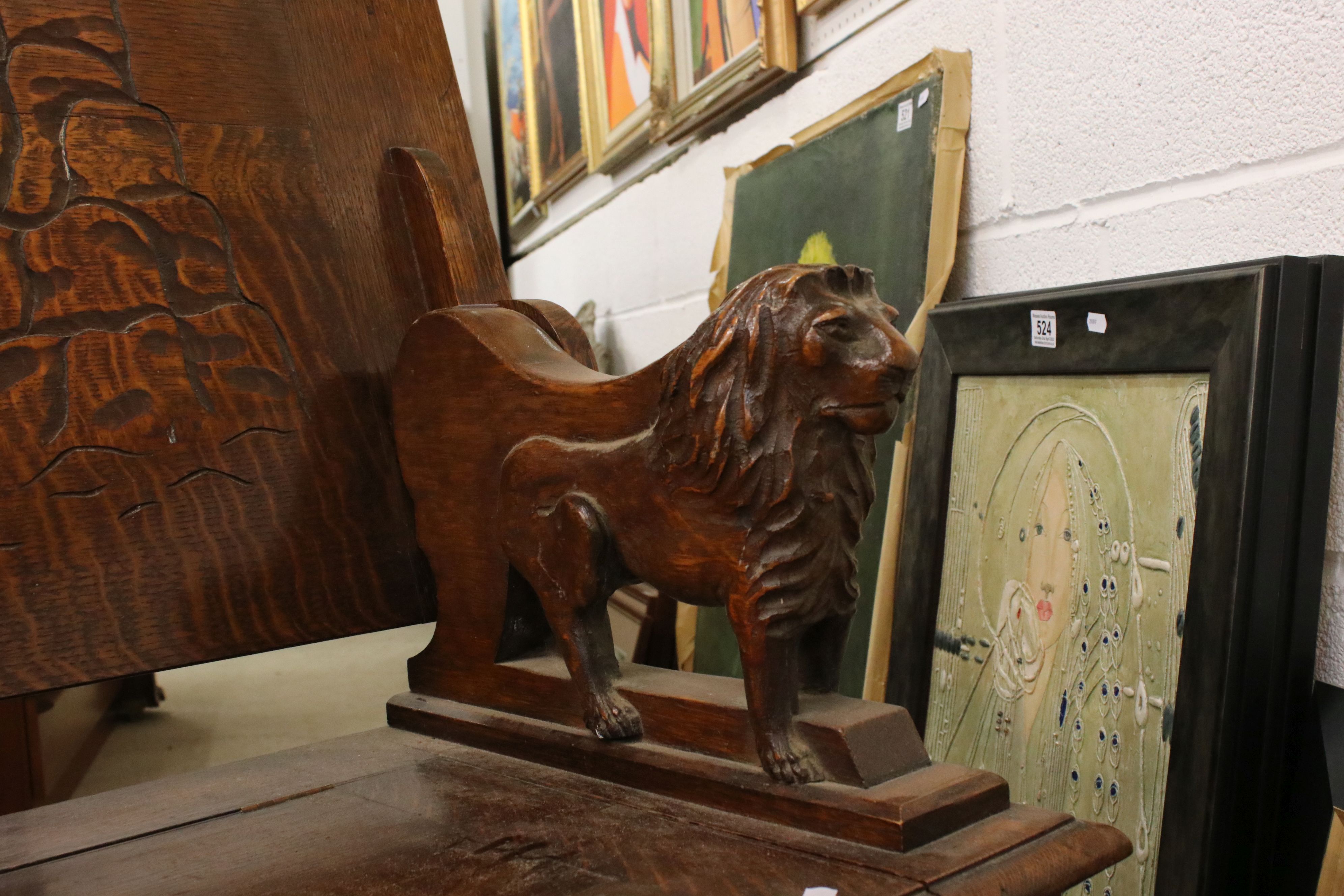 Early 20th century Oak Monk's Bench, the hinged top opening to show a carved scene of George and the - Image 3 of 7