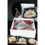 A box of mixed collectables to include Stratton compacts, purses, bags and a sports cap.