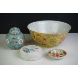 Chinese Yellow Ground Porcelain Bowl, six red character marks to base 21.5cm diameter (a/f) together