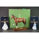 Boxed Royal Doulton Brown Horse on Wooden Plinth together with Two Boxed Royal Doulton Figurines -