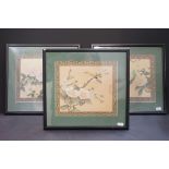 Set of Three Chinese Painting on Fabric depicting Birds and Butterflies within Foliage, signed, 22cm