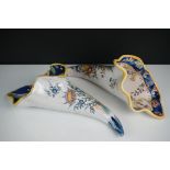 Pair of Faience Pottery Cornucopia shaped Handpainted Wall Pockets, 30cm long