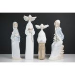 Four Lladro Figurines including White Kneeling Nun 5502, White Prayerful Moment 5500 and Two Girls
