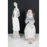 Two Lladro Figures - Nurse holding a Book 37cm high and Woman sat in a Chair embroidering 30cm high
