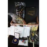 A box of mixed collectables to include Stamps, coins, banknotes cufflinks, badges and BBC and