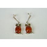 Pair of silver and amber owl shaped earrings