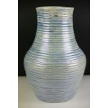 Large Moorcroft Blue / Green Glazed Ribbed Pottery Vase (with hole drilled in bottom) impressed
