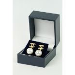 Pair of silver gilt pearl and CZ designer style earrings, cased