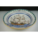 Large Poole Pottery ' The Golden Hind ' Wall Bowl / Charger, the bowl decorated with the galleon,