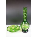 Bohemian Green Overlaid Cut Glass Carafe 35cm high together with a matching Stand / Dish (dish