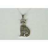 Silver and marcasite cat pendant necklace