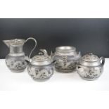 Late 19th / Early 20th century Chinese Pewter Mounted Yixing Four Piece Tea Service decorated with