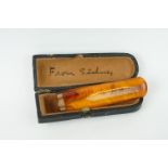 An antique amber cheroot holder with hallmarked 9ct gold band and fitted case.