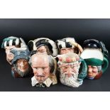 Eight Large Royal Doulton Character Jugs including Trapper, The Falconer, Lobster Man, Captain Henry